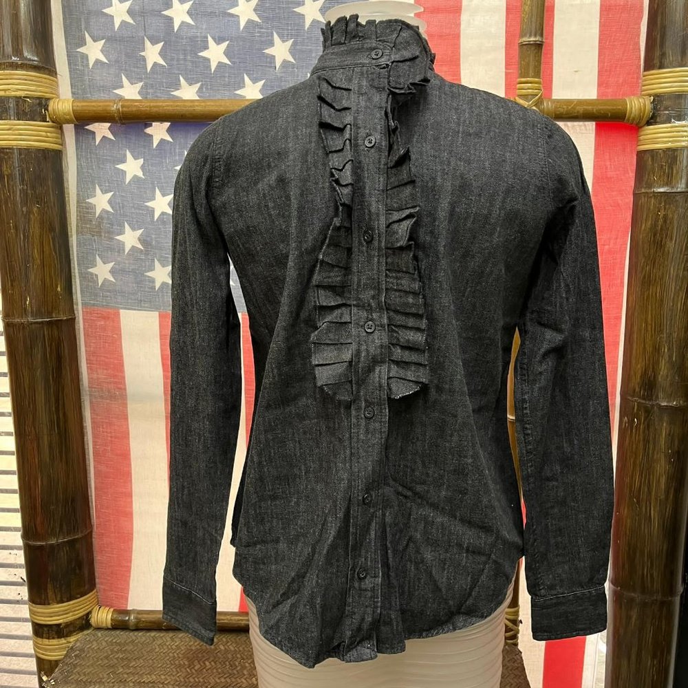 NWT Lauren by Ralph Lauren Black Denim Ruffle Button Down Blouse top t shirt - Picture 2 of 9